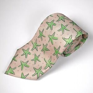 J. McLaughlin Mens 100% Silk Tie Pink Green Starfish Preppy‎ Coastal Chic Beach
